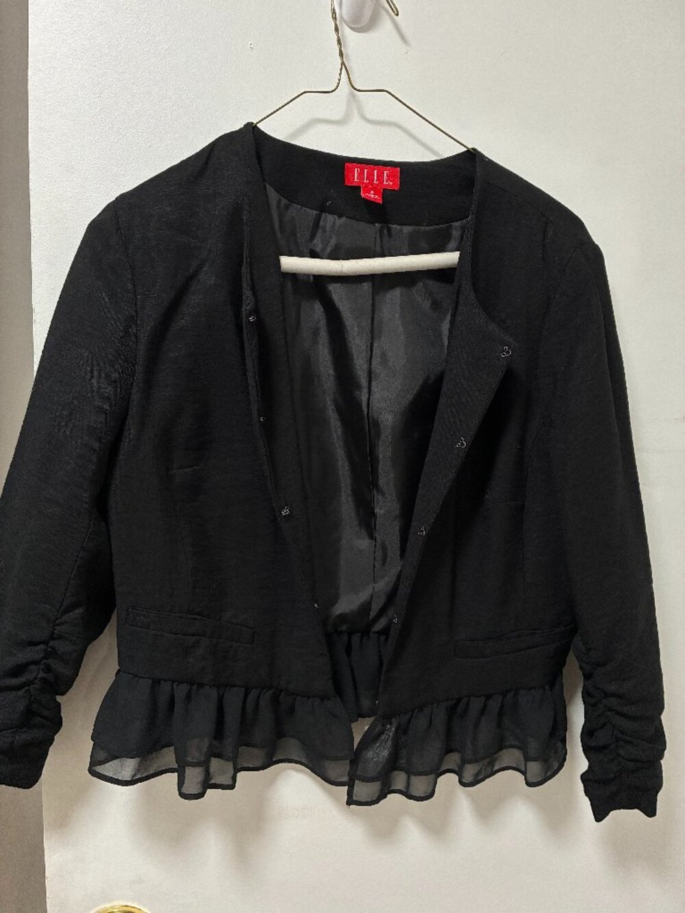 Chic Elle Black Ruffle Hem Jacket – Size Small | Elegant & Feminine